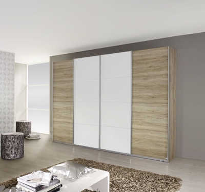 Product photograph of Rauch Syncrono 316cm Oak And White 4 Door Sliding Wardrobe from Choice Furniture Superstore