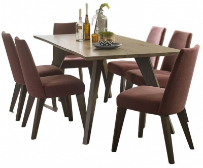 Bentley Designs Cadell Aged And Weathered Oak 6 Seater Dining Table With 6 Mulberry Fabric Chairs