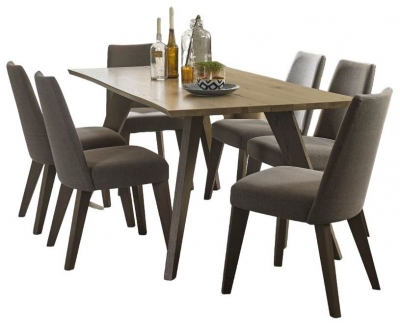 Bentley Designs Cadell Aged And Weathered Oak 6 Seater Dining Table With 6 Smoke Grey Fabric Chairs