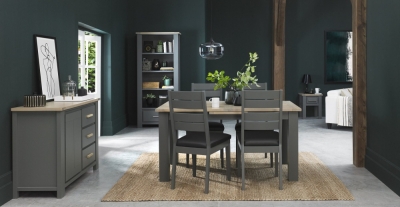 Image of Bentley Designs Oakham Dark Grey and Scandi 4 to 6 Seater Extending Dining Table with 4 Dark Grey Chairs in Dark Grey Bonded Leather