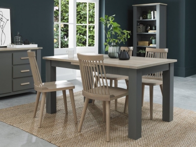 Bentley Designs Oakham Dark Grey And Scandi 4 To 6 Seater Extending Dining Table With 4 Ilva Spindle Chairs In Scandi Oak