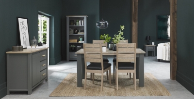 Bentley Designs Oakham Dark Grey And Scandi 4 To 6 Seater Extending Dining Table With 4 Scandi Oak Chairs In Dark Grey Bonded Leather