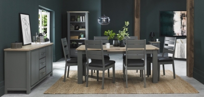 Image of Bentley Designs Oakham Dark Grey and Scandi 6 to 8 Seater Extending Dining Table with 6 Dark Grey Chairs in Dark Grey Bonded Leather