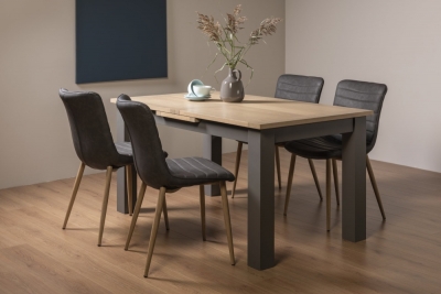 Bentley Designs Oakham Scandi Oak 4 To 6 Seater Extending Dining Table With 4 Eriksen Dark Grey Faux Leather Chairs