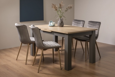 Bentley Designs Oakham Scandi Oak 4 To 6 Seater Extending Dining Table With 4 Eriksen Grey Velvet Chairs