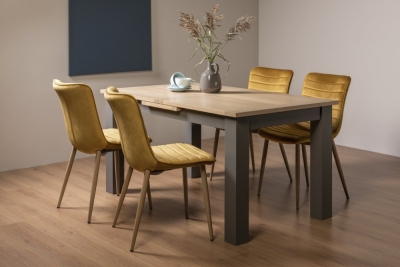 Bentley Designs Oakham Scandi Oak 4 To 6 Seater Extending Dining Table With 4 Eriksen Mustard Velvet Chairs
