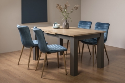 Bentley Designs Oakham Scandi Oak 4 To 6 Seater Extending Dining Table With 4 Eriksen Petrol Blue Velvet Chairs