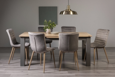 Bentley Designs Oakham Scandi Oak 6 To 8 Seater Extending Dining Table With 6 Eriksen Grey Velvet Chairs