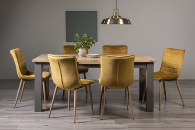 Bentley Designs Oakham Scandi Oak 6 To 8 Seater Extending Dining Table With 6 Eriksen Mustard Velvet Chairs