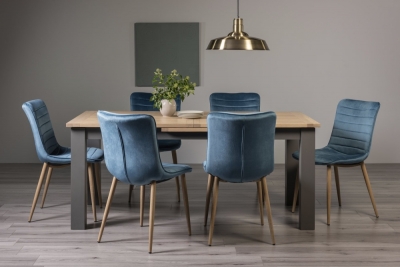 Product photograph of Bentley Designs Oakham Scandi Oak 6 To 8 Seater Extending Dining Table With 6 Eriksen Petrol Blue Velvet Chairs from Choice Furniture Superstore