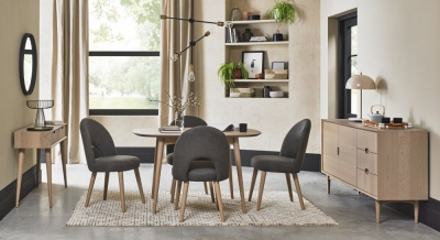 Bentley Designs Dansk Scandi Oak 4 Seater Dining Table Set With 4 Cold Steel Fabric Upholstered Chairs