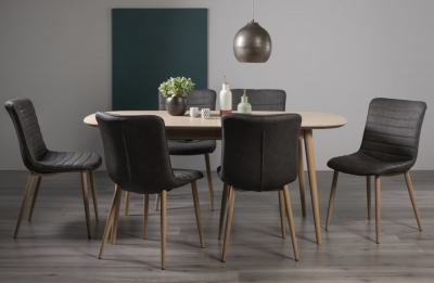 Bentley Designs Dansk Scandi Oak 68 Seater Extending Dining Table Set With 6 Eriksen Dark Grey Faux Leather Chairs