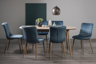 Bentley Designs Dansk Scandi Oak 68 Seater Extending Dining Table Set With 6 Eriksen Petrol Blue Velvet Chairs