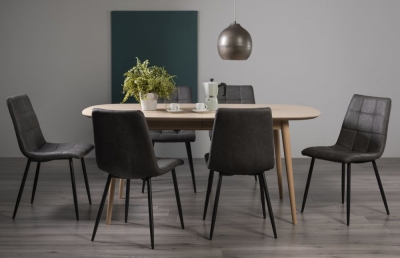 Bentley Designs Dansk Scandi Oak 68 Seater Extending Dining Table Set With 6 Mondrian Dark Grey Faux Leather Chairs