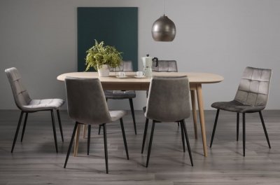 Bentley Designs Dansk Scandi Oak 68 Seater Extending Dining Table Set With 6 Mondrian Grey Velvet Chairs