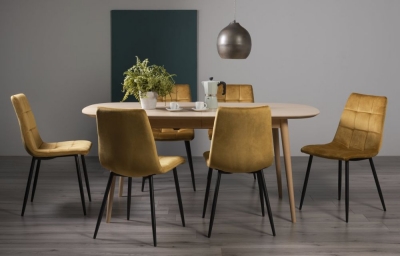 Bentley Designs Dansk Scandi Oak 68 Seater Extending Dining Table Set With 6 Mondrian Mustard Velvet Chairs