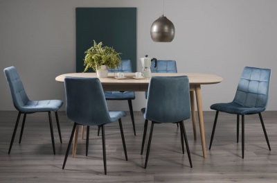 Product photograph of Bentley Designs Dansk Scandi Oak 6-8 Seater Extending Dining Table Set With 6 Mondrian Petrol Blue Velvet Chairs from Choice Furniture Superstore