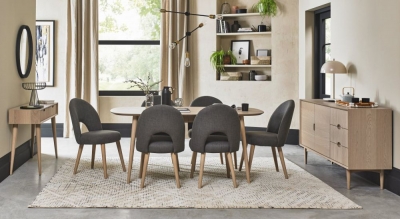 Bentley Designs Dansk Scandi Oak 68 Seater Extending Dining Table Set With 6 Upholstered Chairs In Cold Steel Fabric