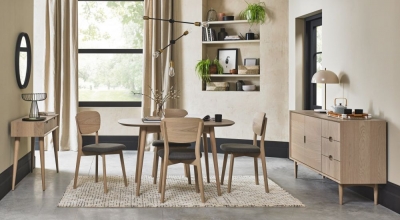 Bentley Designs Dansk Scandi Oak Dining Table Set With Cold Steel Fabric Veneer Back Chairs