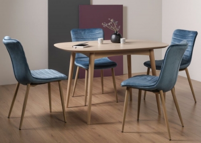 Bentley Designs Dansk Scandi Oak Dining Table Set With Eriksen Petrol Blue Velvet Chairs