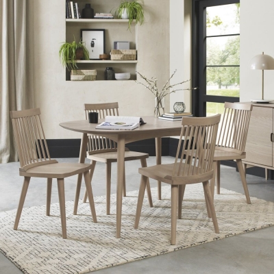 Bentley Designs Dansk Scandi Oak Dining Table Set With Ilva Scandi Oak Spindle Chairs