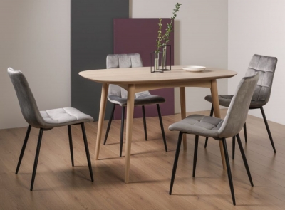 Bentley Designs Dansk Scandi Oak Dining Table Set With Mondrian Dark Grey Velvet Fabric Chairs