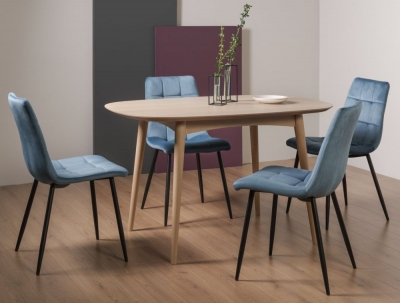 Bentley Designs Dansk Scandi Oak Dining Table Set With Mondrian Petrol Blue Velvet Chairs
