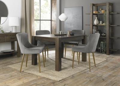 Bentley Designs Turin Dark Oak 46 Seater Extending Dining Table With 4 Cezanne Grey Velvet Chairs Gold Legs