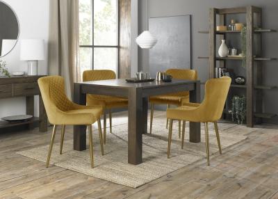 Bentley Designs Turin Dark Oak 4-6 Seater Extending Dining Table with 4 Cezanne Mustard Velvet Chairs - Gold Legs