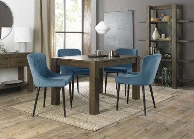 Bentley Designs Turin Dark Oak 46 Seater Extending Dining Table With 4 Cezanne Petrol Blue Velvet Chairs Black Legs