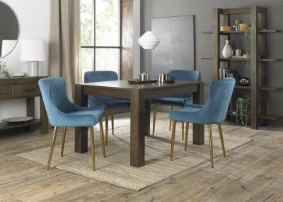 Bentley Designs Turin Dark Oak 46 Seater Extending Dining Table With 4 Cezanne Petrol Blue Velvet Chairs Gold Legs