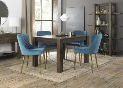 Bentley Designs Turin Dark Oak 4-6 Seater Extending Dining Table with 4 Cezanne Petrol Blue Velvet Chairs - Gold Legs