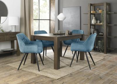 Bentley Designs Turin Dark Oak 4-6 Seater Extending Dining Table with 4 Dali Petrol Blue Velvet Chairs