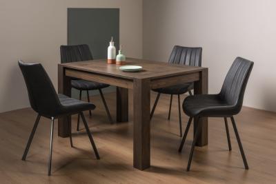 Bentley Designs Turin Dark Oak 4-6 Seater Extending Dining Table with 4 Fontana Dark Grey Faux Suede Fabric Chairs