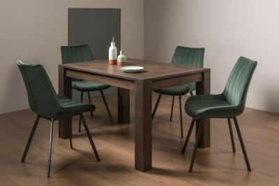 Bentley Designs Turin Dark Oak 46 Seater Extending Dining Table With 4 Fontana Green Velvet Chairs