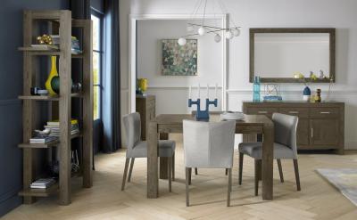 Bentley Designs Turin Dark Oak 46 Seater Extending Dining Table With 4 Low Back Upholstered Chairs In Pebble Grey Fabric