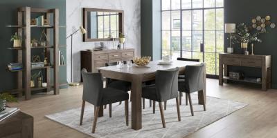 Product photograph of Bentley Designs Turin Dark Oak 6-10 Seater Extending Dining Table With 6 Low Back Chairs In Gun Metal Velvet from Choice Furniture Superstore