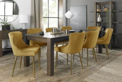 Bentley Designs Turin Dark Oak 610 Seater Extending Dining Table With 8 Cezanne Mustard Velvet Chairs Gold Legs