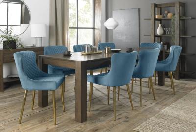 Bentley Designs Turin Dark Oak 610 Seater Extending Dining Table With 8 Cezanne Petrol Blue Velvet Chairs Gold Legs
