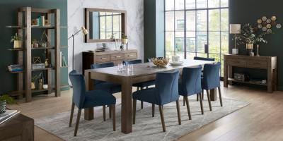 Bentley Designs Turin Dark Oak 610 Seater Extending Dining Table With 8 Low Back Chairs In Dark Blue Velvet