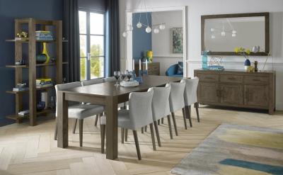Product photograph of Bentley Designs Turin Dark Oak 6-10 Seater Extending Dining Table With 8 Low Back Upholstered Chairs In Pebble Grey Fabric from Choice Furniture Superstore