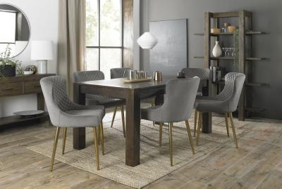 Bentley Designs Turin Dark Oak 68 Seater Extending Dining Table With 6 Cezanne Grey Velvet Chairs Gold Legs