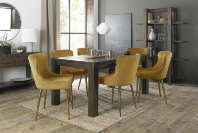 Product photograph of Bentley Designs Turin Dark Oak 6-8 Seater Extending Dining Table With 6 Cezanne Mustard Velvet Chairs - Gold Legs from Choice Furniture Superstore