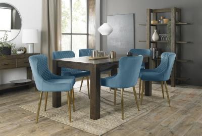 Bentley Designs Turin Dark Oak 68 Seater Extending Dining Table With 6 Cezanne Petrol Blue Velvet Chairs Gold Legs