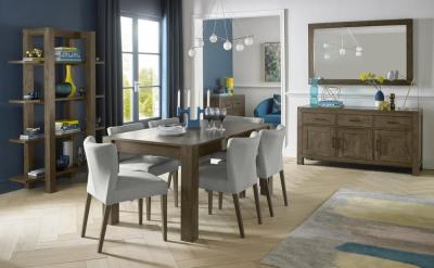 Bentley Designs Turin Dark Oak 68 Seater Extending Dining Table With 6 Low Back Upholstered Chairs In Pebble Grey Fabric