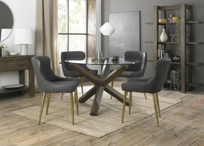Bentley Designs Turin Glass 4 Seater Round Dining Table Dark Oak Legs With 4 Cezanne Dark Grey Faux Leather Chairs Gold Legs