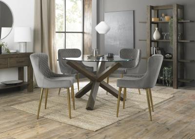 Bentley Designs Turin Glass 4 Seater Round Dining Table Dark Oak Legs With 4 Cezanne Grey Velvet Chairs Gold Legs