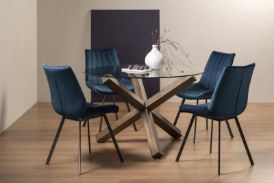 Bentley Designs Turin Glass 4 Seater Round Dining Table Dark Oak Legs With 4 Fontana Blue Velvet Chairs
