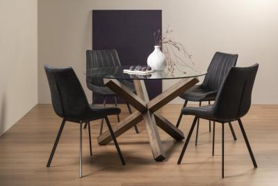 Bentley Designs Turin Glass 4 Seater Round Dining Table Dark Oak Legs With 4 Fontana Dark Grey Faux Suede Fabric Chairs