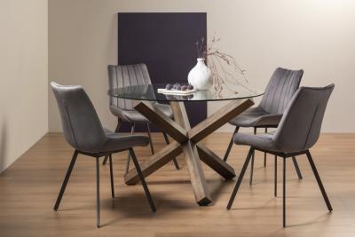 Bentley Designs Turin Glass 4 Seater Round Dining Table Dark Oak Legs With 4 Fontana Grey Velvet Chairs